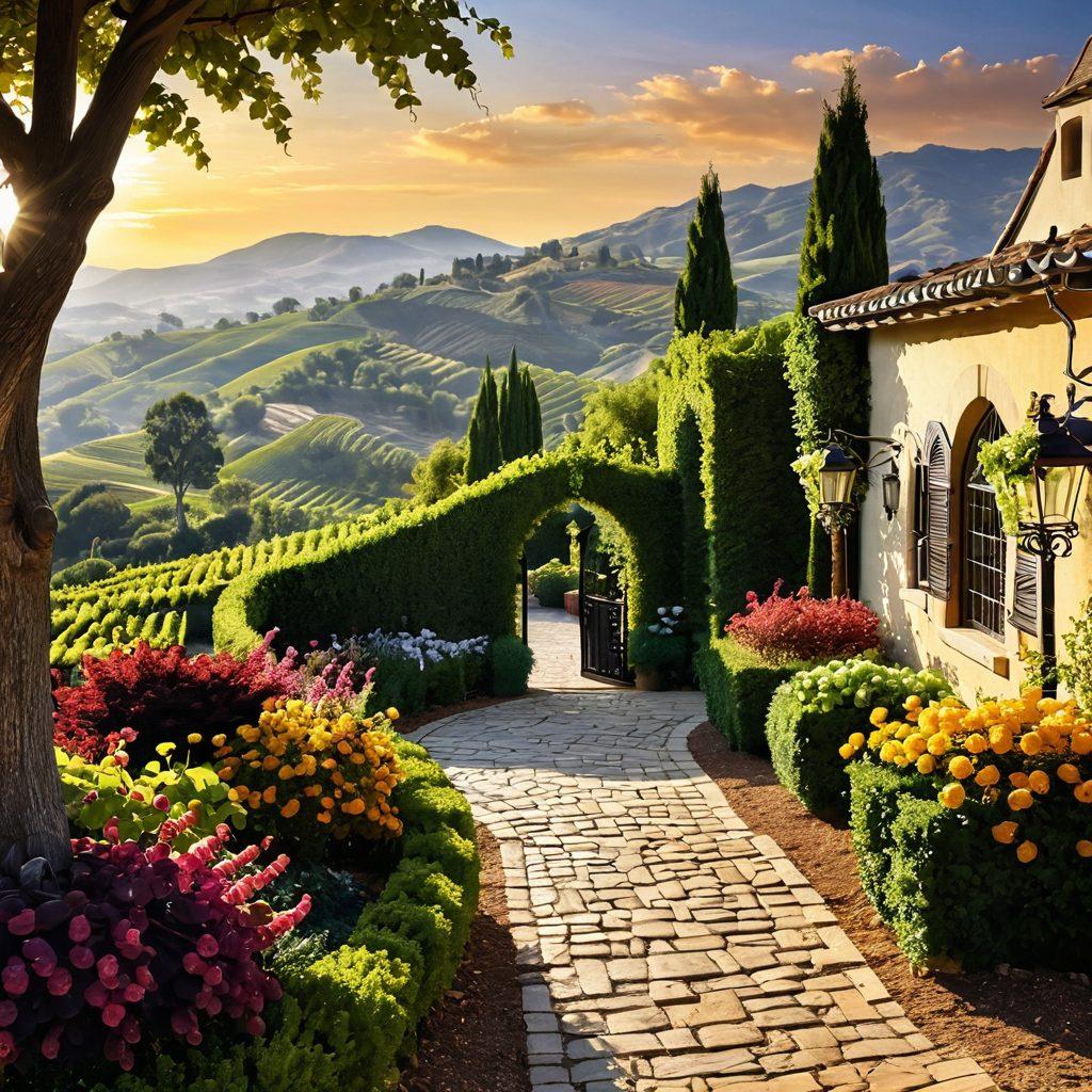 A picturesque wine landscape featuring elegant horticultural designs with vibrant flowers and lush grapevines, subtly illuminated by golden sunlight. The scene should include a beautifully arranged outdoor area with artistic topiary and decorative garden elements, evoking tranquility and sophistication. A backdrop of rolling hills adorned with vineyards, creating a perfect blend of beauty and nature. Capture the essence of enhancing beauty through meticulous design. super-realistic. vibrant colors. 3D.