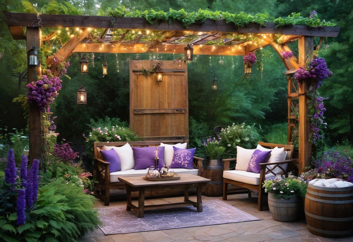 A picturesque wine-themed garden with lush grapevines arching over a rustic wooden trellis, vibrant blooming flowers in rich purples and greens surrounding a cozy seating area, vintage wine barrels used as planters, and delicate fairy lights twinkling above. The scene captures the essence of elegance and serenity in outdoor living. super-realistic. vibrant colors. organic textures.