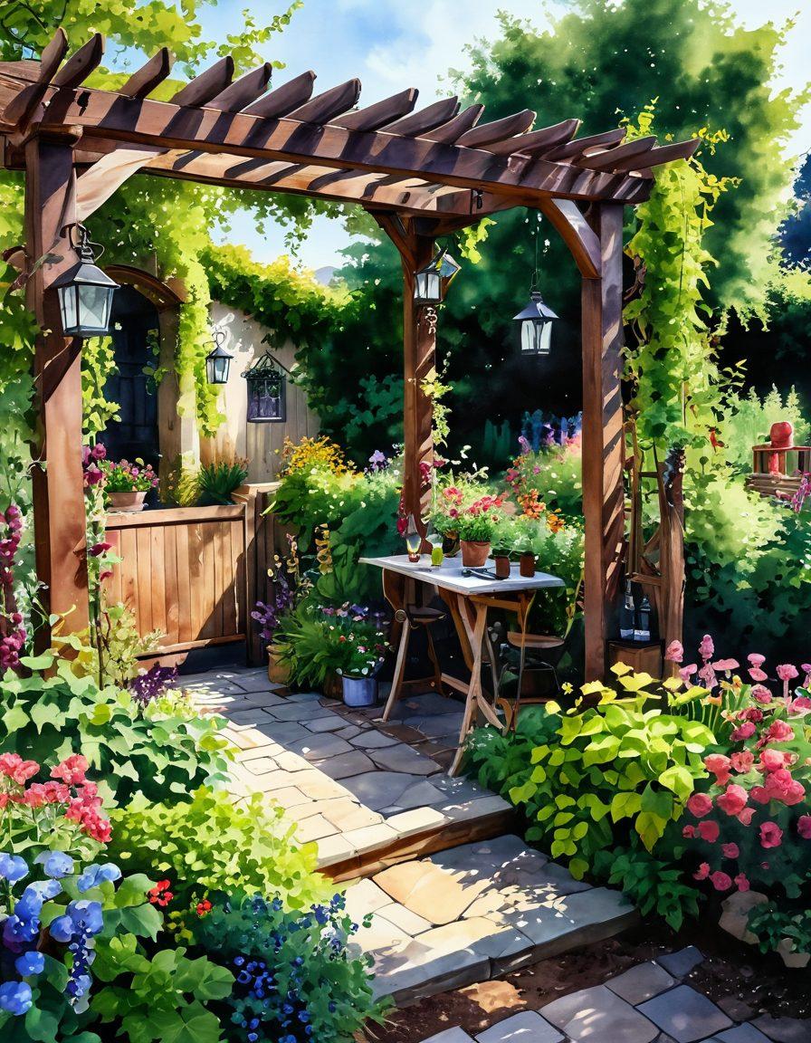 A lush wine garden vividly depicted with diverse sustainable plants and vibrant grapevines, featuring eco-friendly gardening techniques like rainwater collection and solar-powered lights. The scene should include a rustic wooden arbor draped with flowering vines, garden tools made of natural materials, and bees buzzing around colorful flowers. The atmosphere is serene and inviting, highlighting a balance between nature and cultivation. watercolor painting. vibrant colors. natural ambiance.